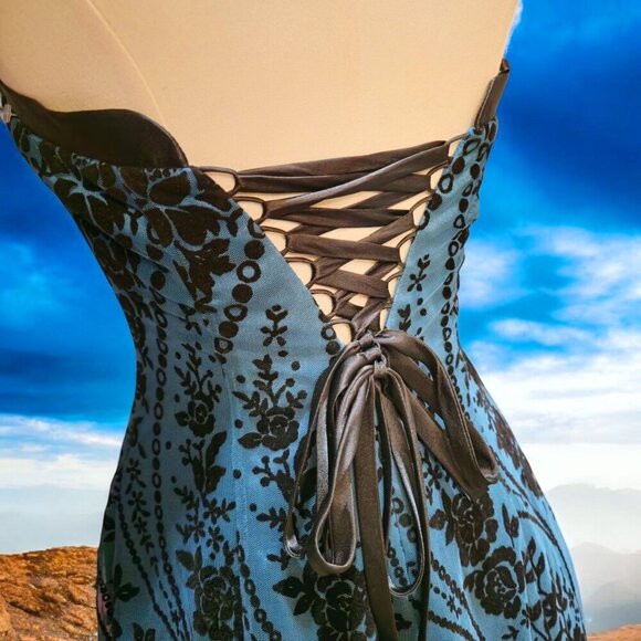Morgan & Co. ✦ Strapless Blue Floral Dress ✦ Lace-Up Back Tulle Mini Sz 5/6 NWT - Picture 12 of 16